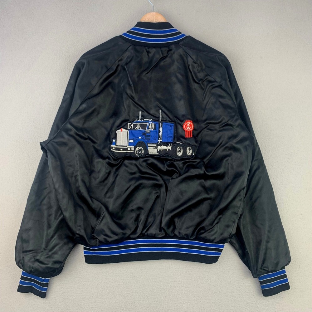 Vintage Kenworth Varsity Bomber Jacket Men Large Black Embroidered Graphic Satin